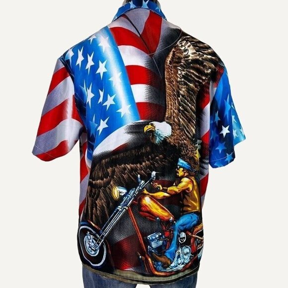 Vintage Patriotic Men Shirt XL Sapphire All Over Print Biker USA Flag Motorcycle - Picture 4 of 6